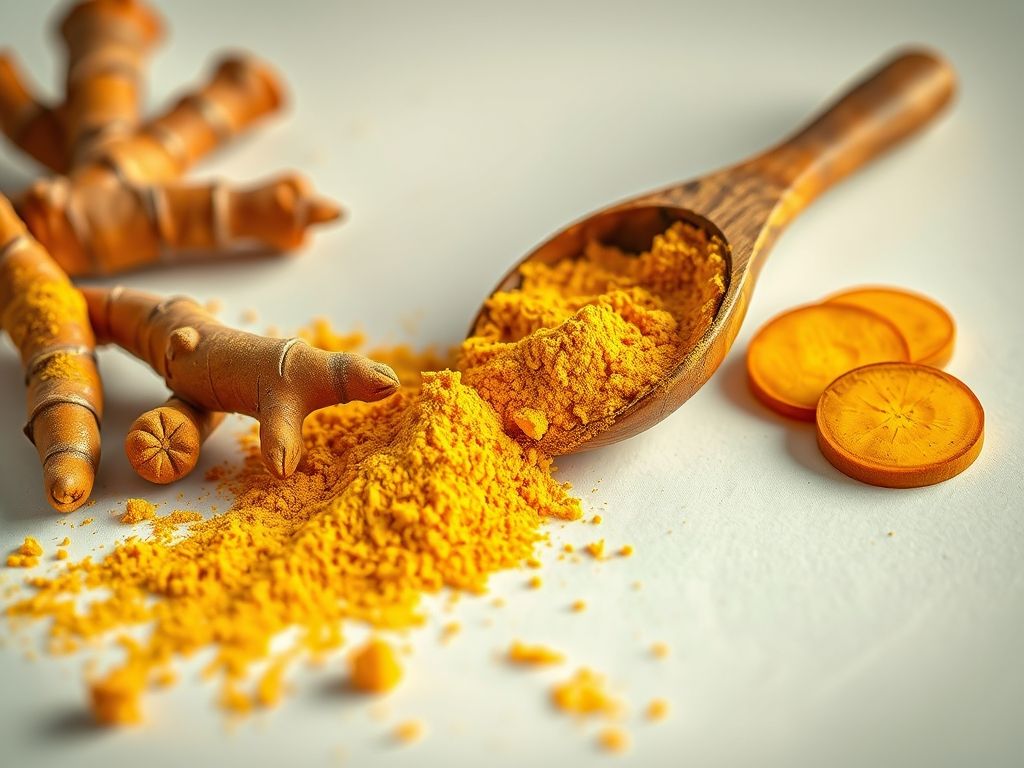 Foto em close-up de pó de cúrcuma vibrante derramando de uma colher de pau sobre uma superfície branca, com algumas raízes e fatias frescas de cúrcuma espalhadas ao redor.