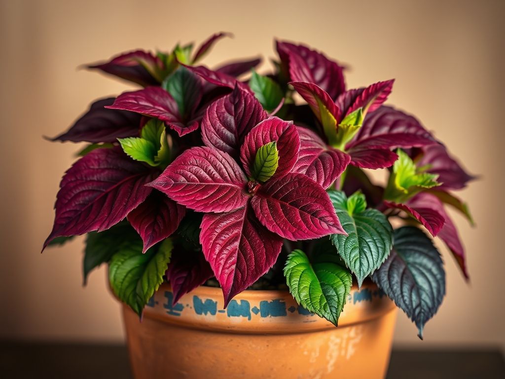 Imagem em close-up de uma planta de Hibisco Roxo Cranberry em um vaso de terracota, destacando as folhas de cor vinho vibrante.