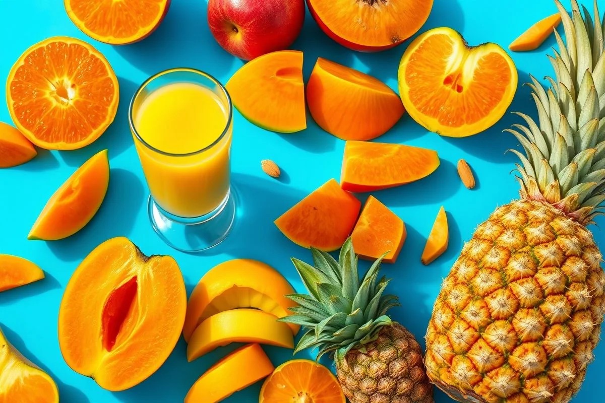 Colagem de frutas populares no Brasil: laranja, maçã, manga, mamão e abacaxi.