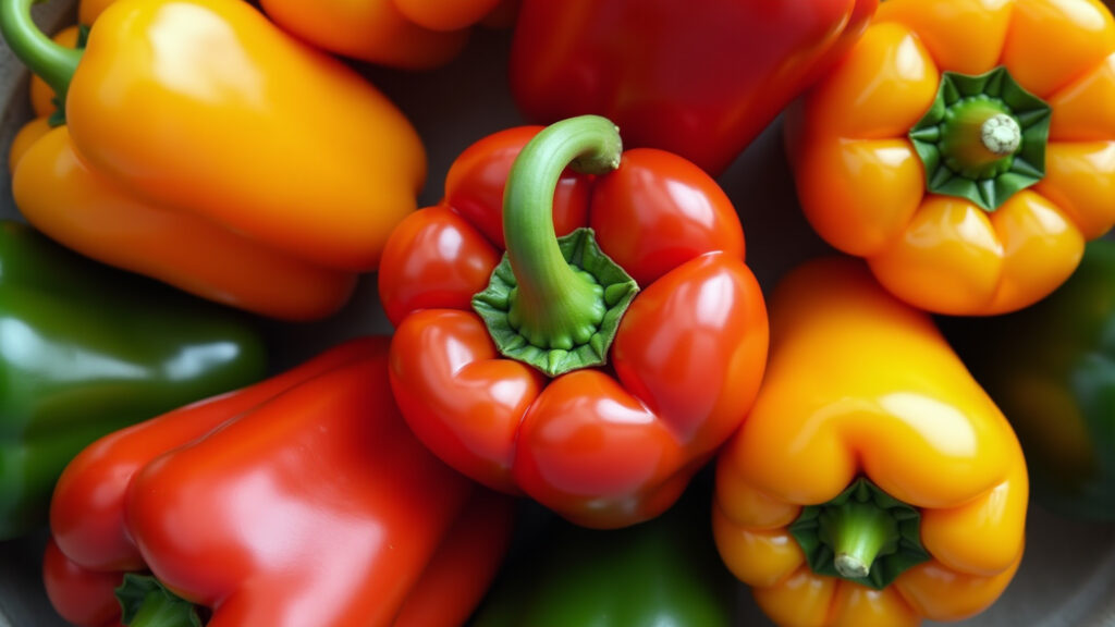 Colorful bell peppers, natural lighting, professional photography, 8K quality, sharp focus, Pimentões coloridos, vitamina C para fortalecer as artérias.