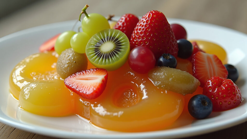 Colorful gelatin with fruits, grapes, strawberries, kiwi, fun dessert, 8K quality, sharp focus, Gelatina colorida com frutas.