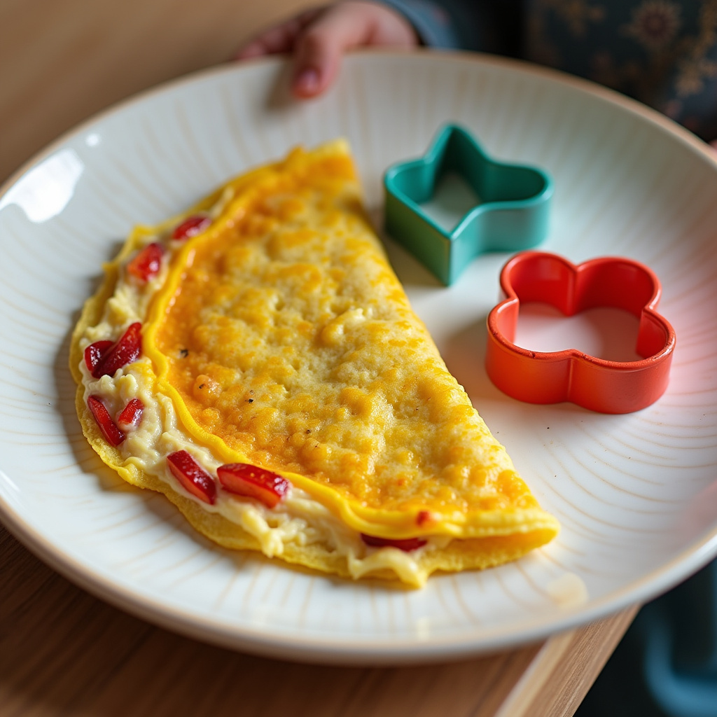 Colorful omelette cut into fun shapes with cookie cutters, served to a child, vibrant, natural Omelete divertido para crianças.