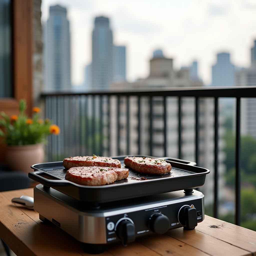 Compact electric grill on apartment balcony, steak cooking, city view, natural light, 8K, lifestyle Churrasqueira elétrica pequena ideal para apartamentos.
