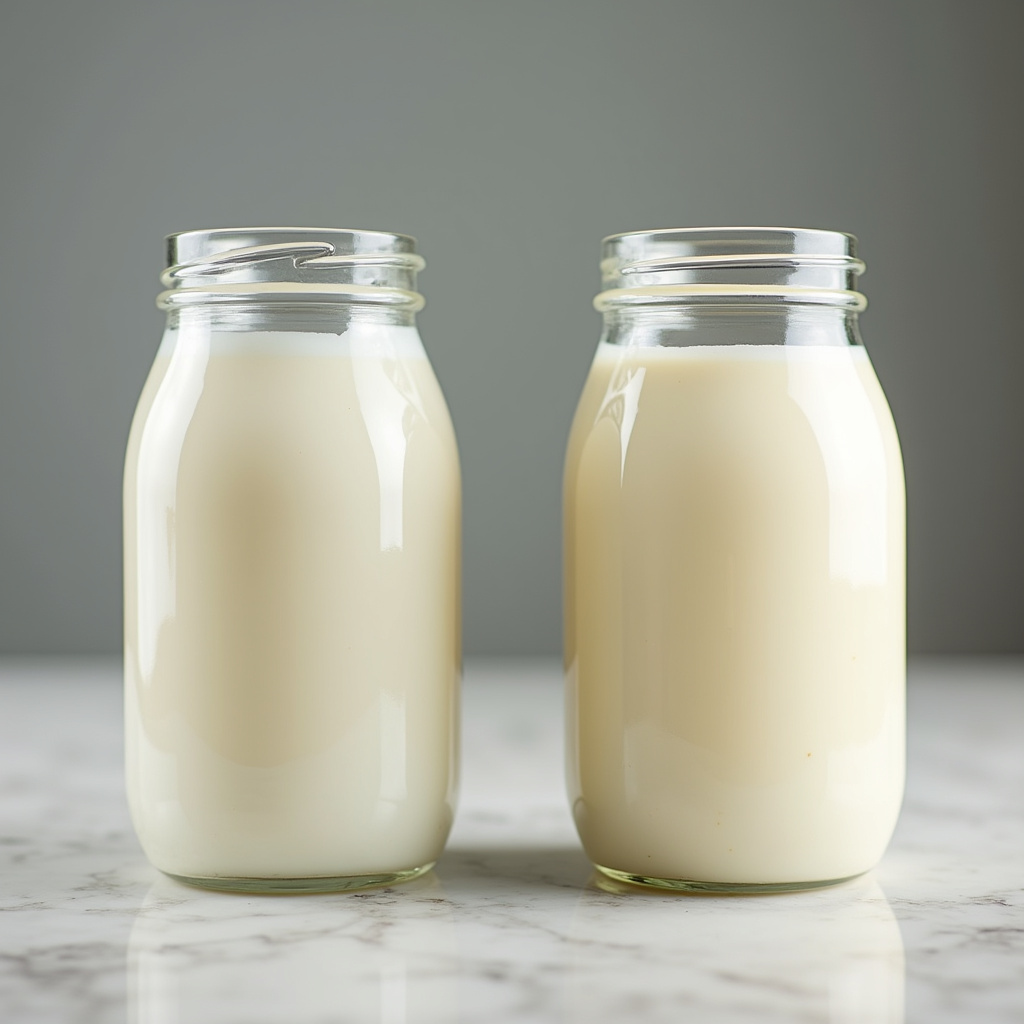 Comparison between evaporated milk and cream, side by side, professional photography, 8K quality, Leite evaporado vs creme de leite.