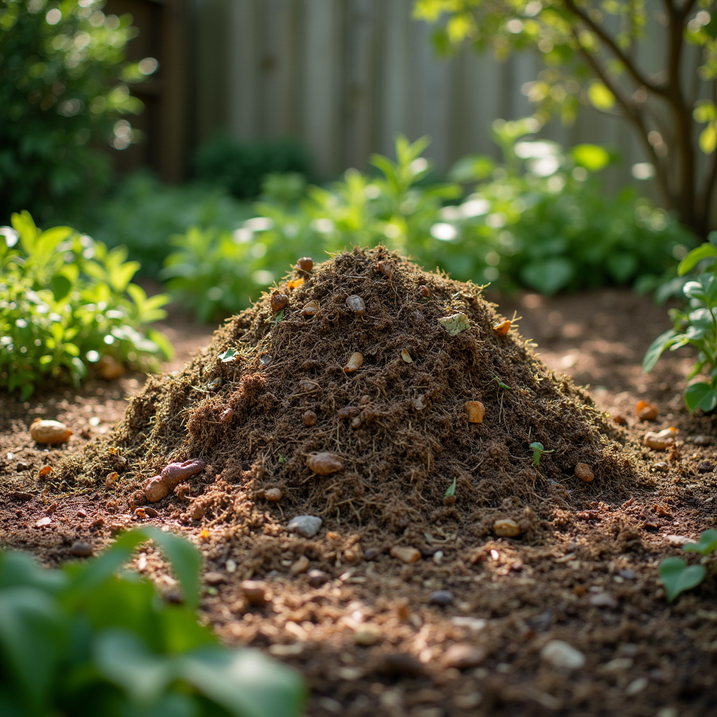 Compost pile in a backyard, various organic materials, natural light, 8K quality, sharp focus, Pilha de compostagem caseira com diversos materiais orgânicos.