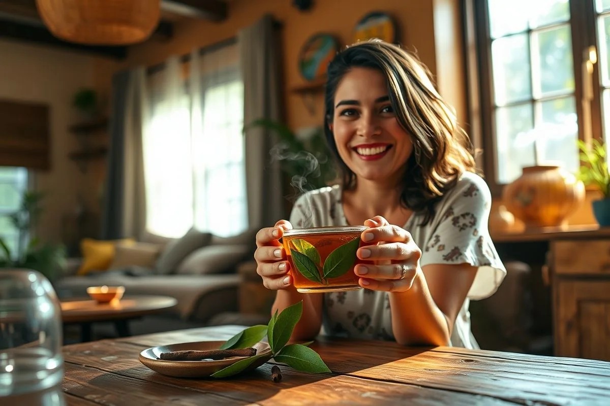 Mulher sorrindo com chá de louro e cravo em casa aconchegante