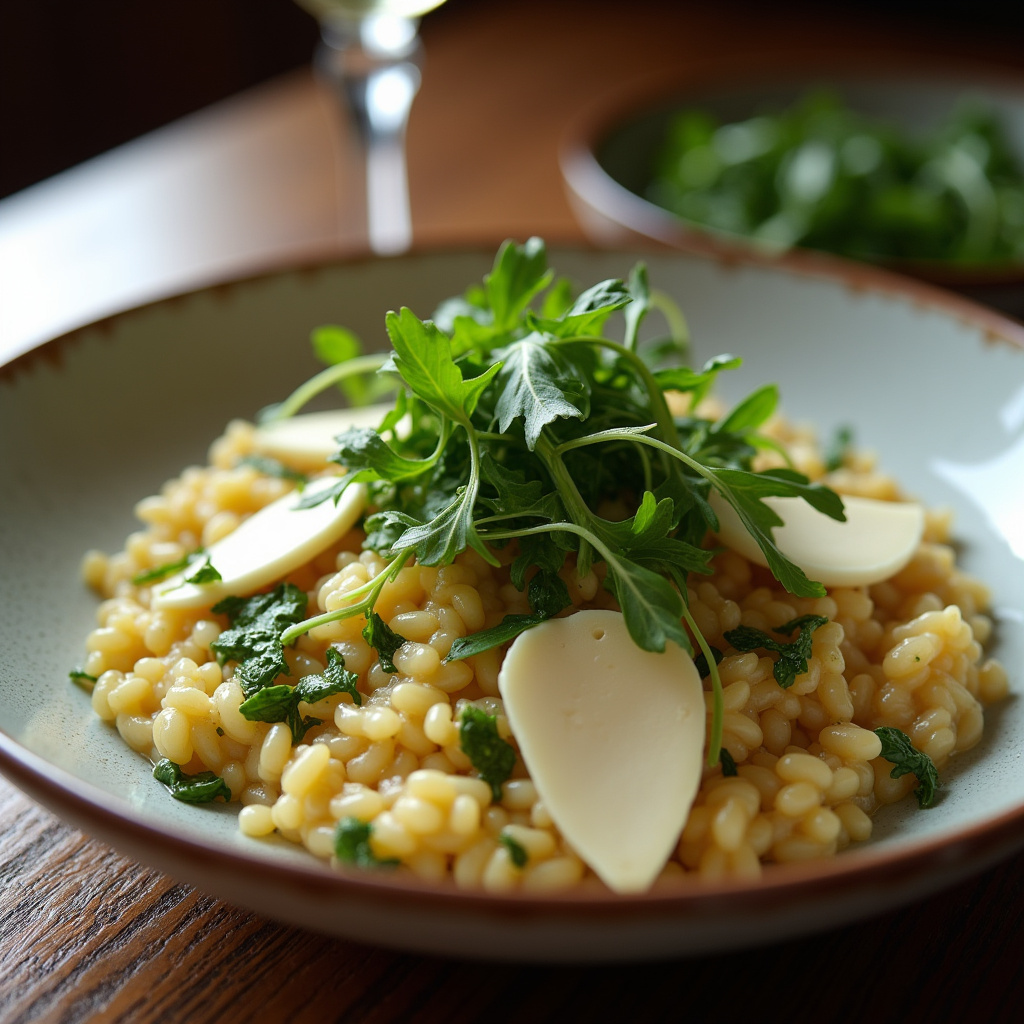 Creamy arugula risotto with melted brie cheese, gourmet dinner, 8k, sharp focus, natural light, Risoto de rúcula com queijo brie.