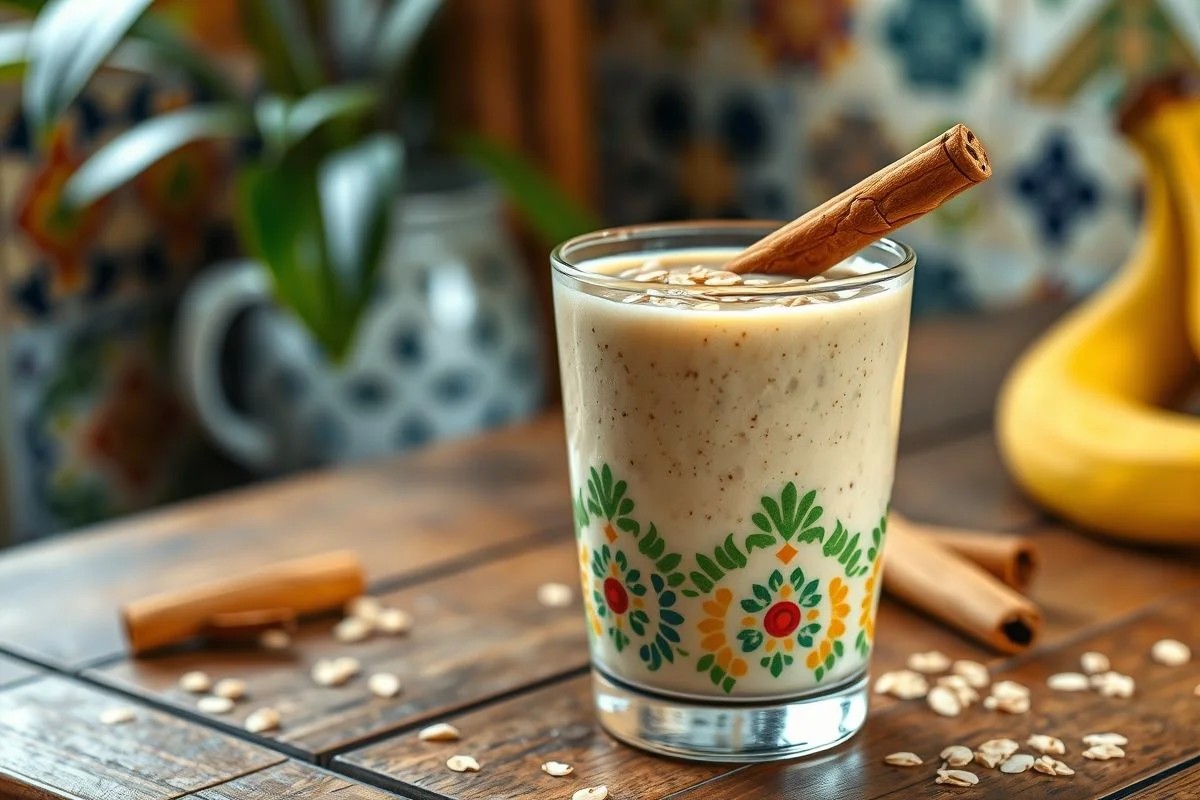 Smoothie cremoso de banana com aveia e canela. Bebida nutritiva pós-treino.