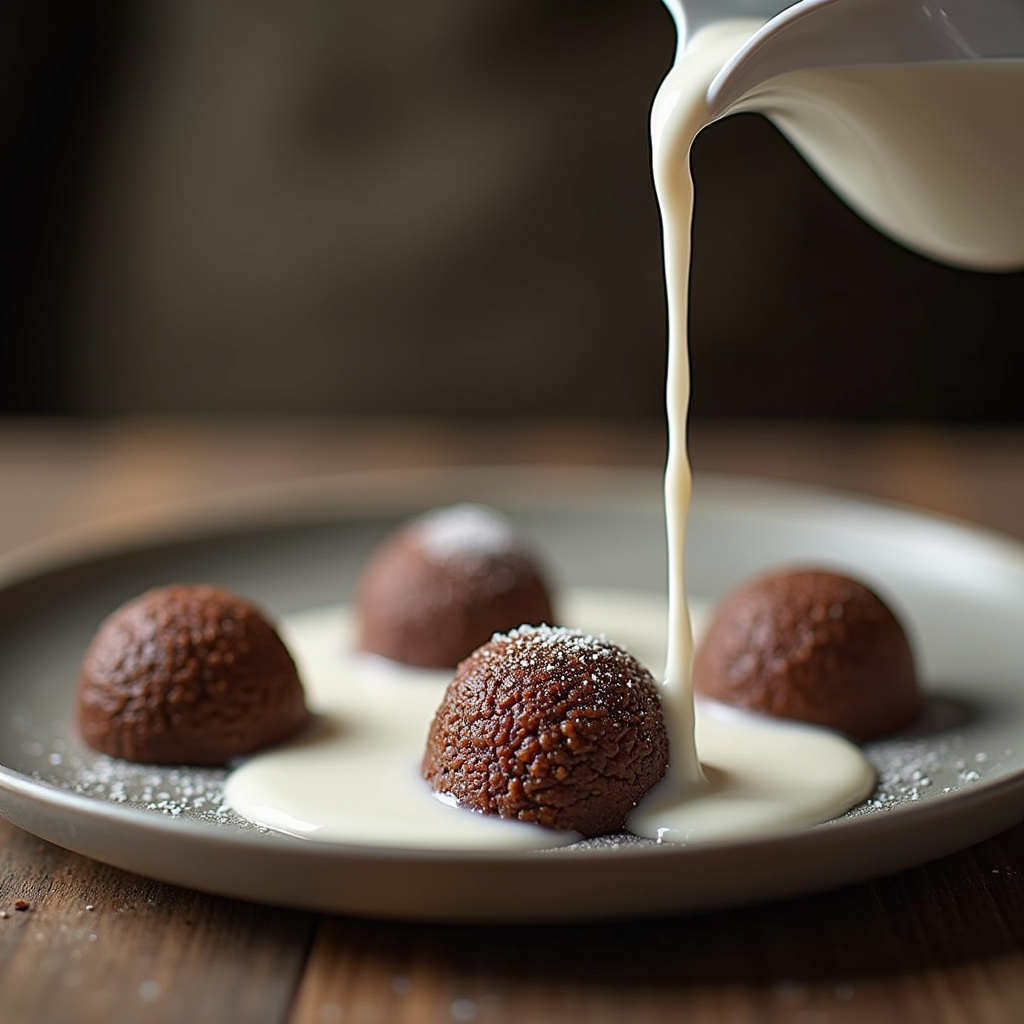 Creamy brigadeiro being prepared with evaporated milk, close-up shot, professional photography, 8K Brigadeiro cremoso com leite evaporado.
