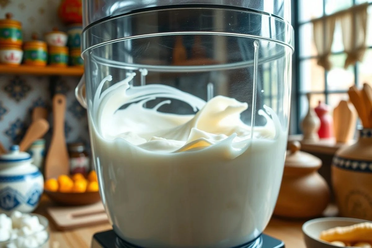 Requeijão caseiro cremoso sendo batido no liquidificador.