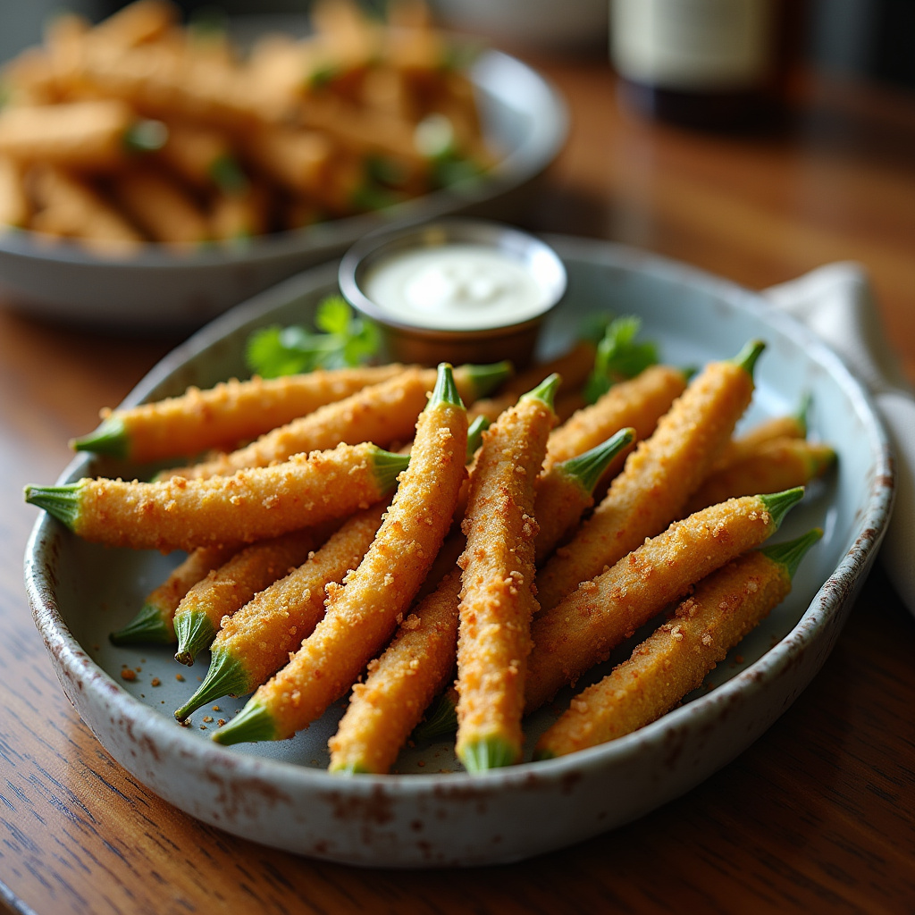 Crispy breaded okra, vegan option, wooden table, dipping sauce, vibrant colors, natural light, Quiabo empanado crocante, petisco vegano surpreendente.