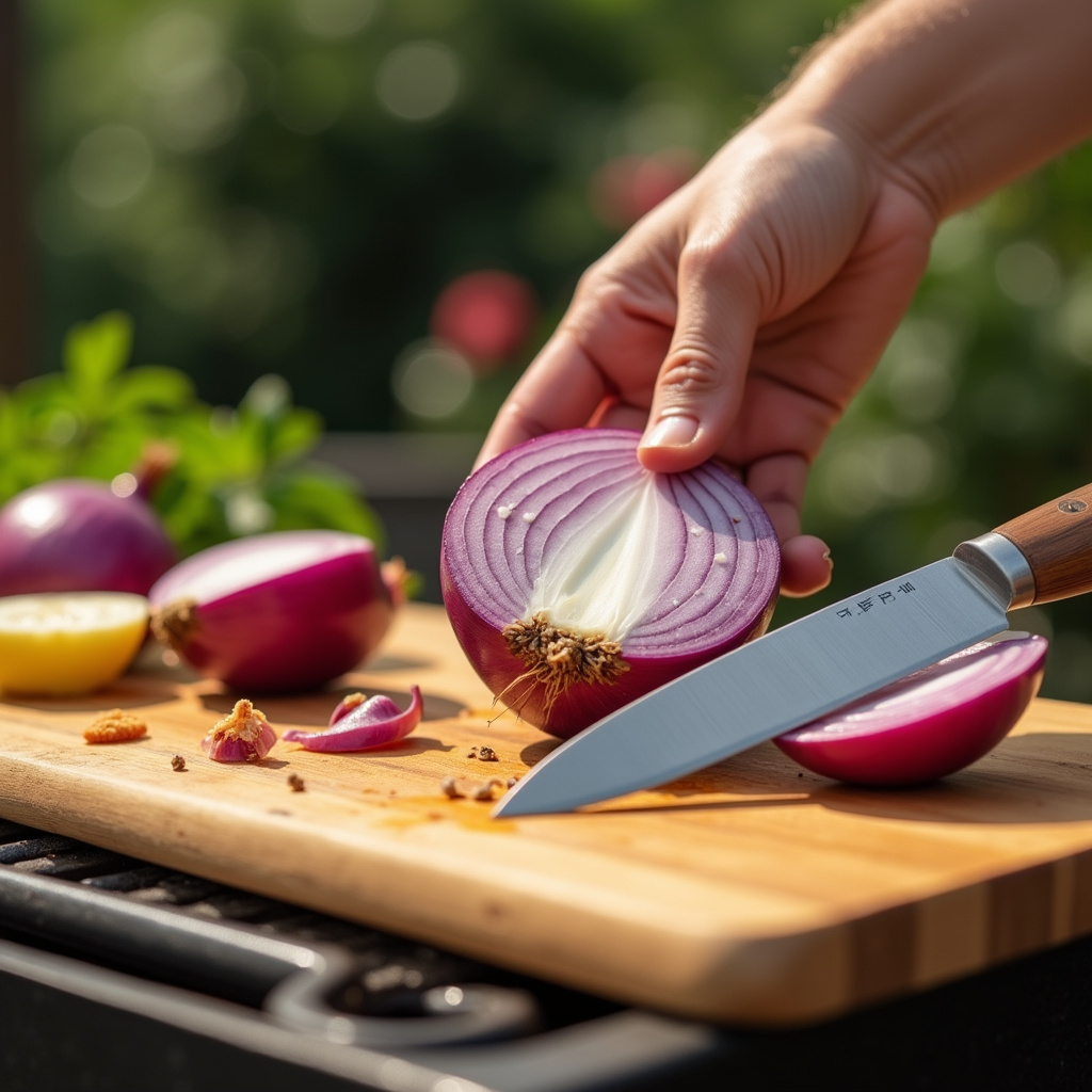 Cutting onion in half for BBQ grill cleaning, wooden cutting board, knife, backyard setting, sunny Preparando a cebola: corte ao meio para limpar a grelha.