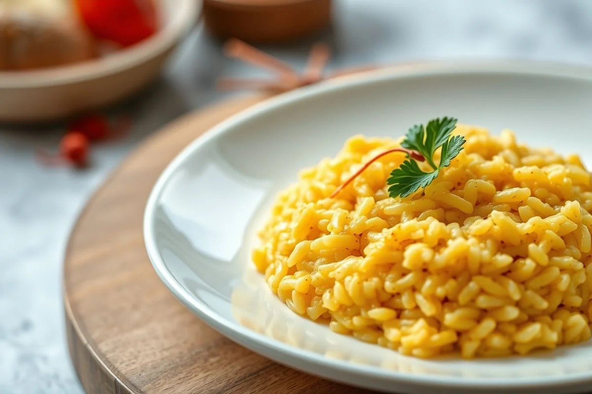 Risoto de açafrão cremoso em prato branco com salsa. Receita com açafrão.