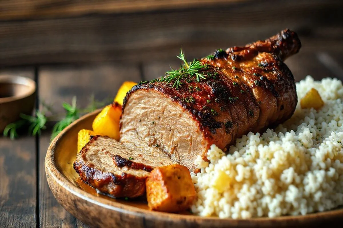 Lombo de porco assado com ervas, batatas e arroz.