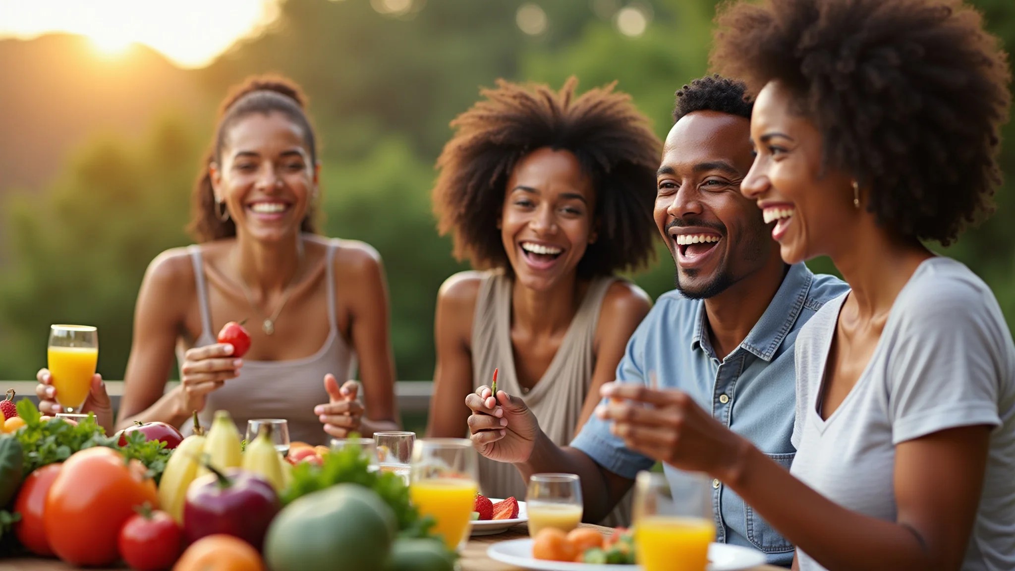 Brasileiros felizes comendo frutas e vegetais.
