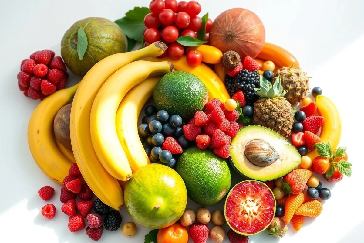 Variedade de frutas brasileiras: banana, abacate, manga e berries. Nutrientes para músculos.