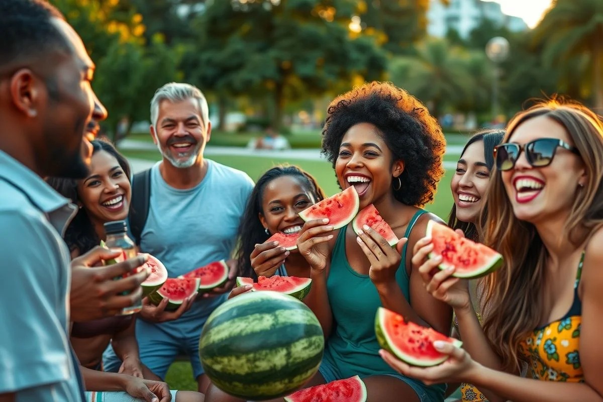Brasileiros diversos comendo melancia em parque ao ar livre