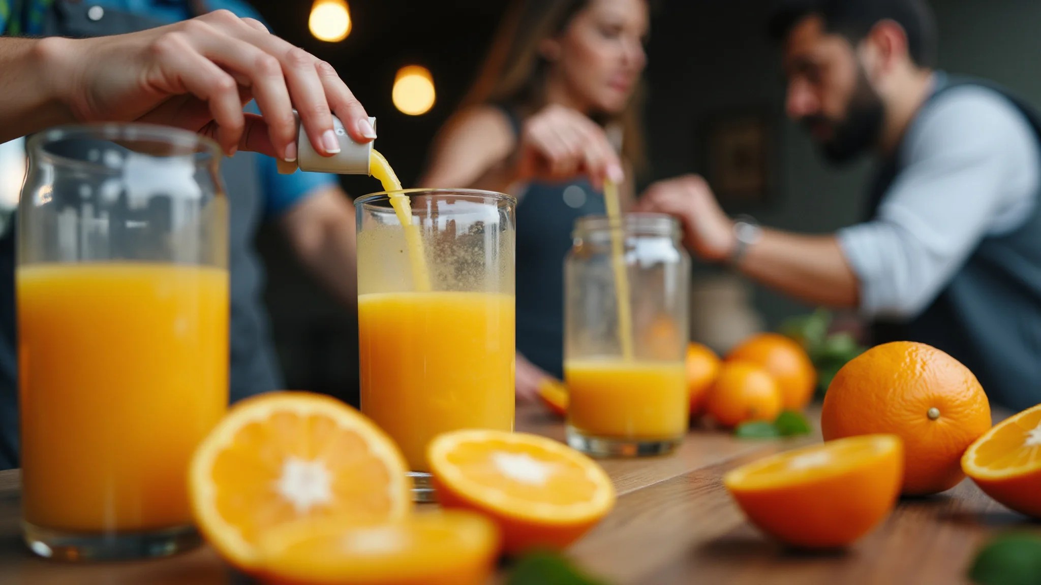 Grupo diverso de brasileiros preparando suco de laranja de forma saudável.
