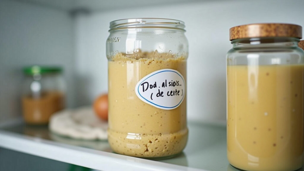 Doce de leite in a sterilized glass jar, stored in refrigerator, close-up, clean and organized, Conservação adequada do doce de leite caseiro em pote de vidro na geladeira.