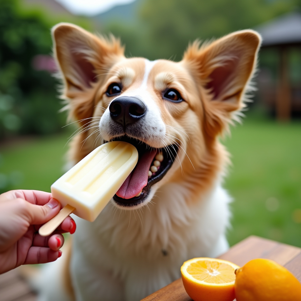 Dog eating homemade yogurt popsicle with fruit, summer day, happy expression, garden background, Cachorro saboreando picolé caseiro de iogurte com frutas.