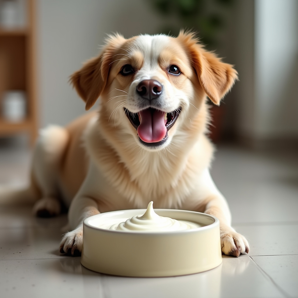 Dog eating yogurt with added probiotics, happy expression, bowl on the floor, bright light, Cachorro comendo iogurte com probióticos adicionados.