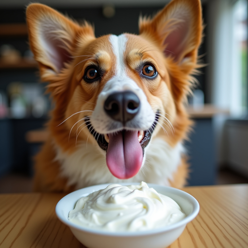 Dog enjoying Greek yogurt, close-up, happy expression, natural light, professional photography, 8K Cachorro apreciando iogurte grego, close-up da expressão feliz.