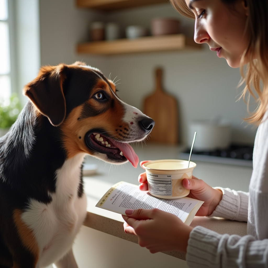 Dog owner carefully reading yogurt label, checking ingredients for dog's safety, natural light, Dono lendo rótulo de iogurte para verificar ingredientes seguros para cães.