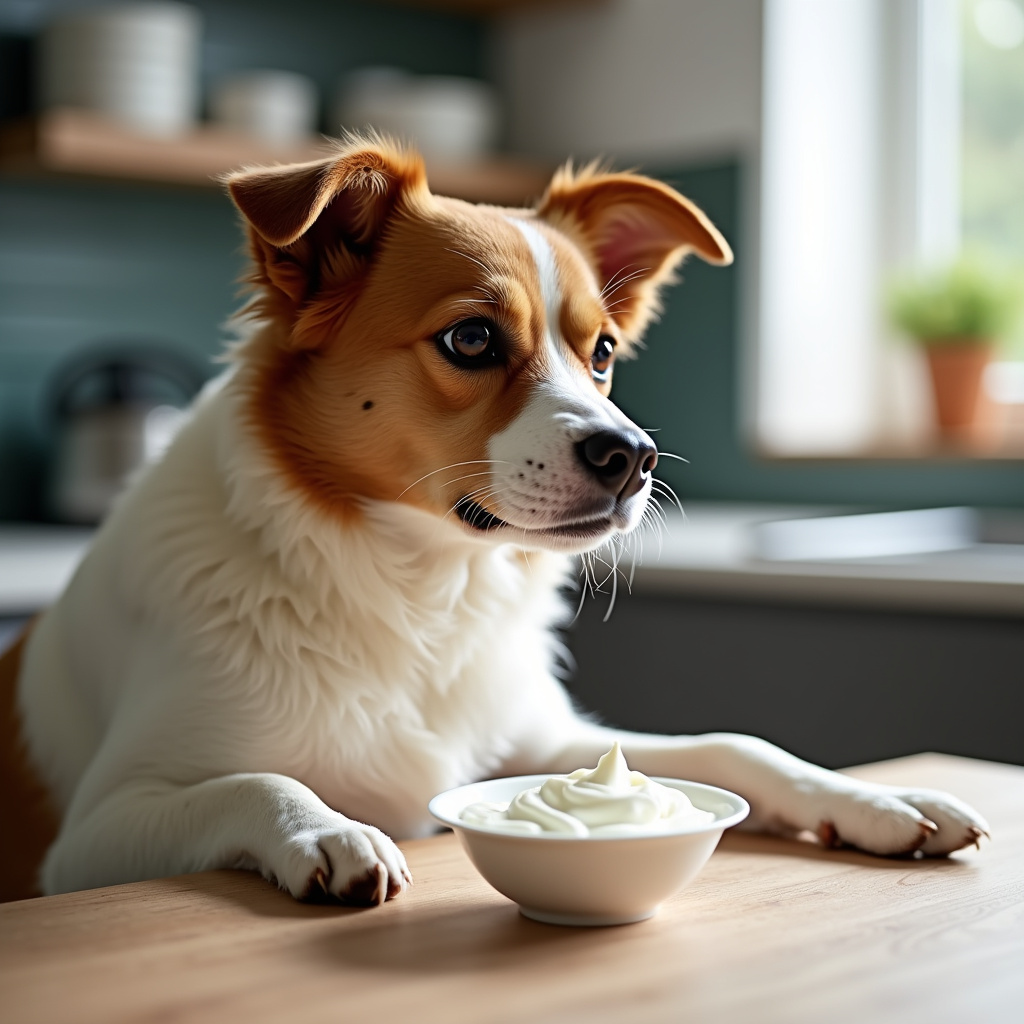 Dog owner reading yogurt ingredients, avoiding sugar, xilitol, and artificial additives, kitchen Dono lendo ingredientes do iogurte, evitando açúcar e xilitol.
