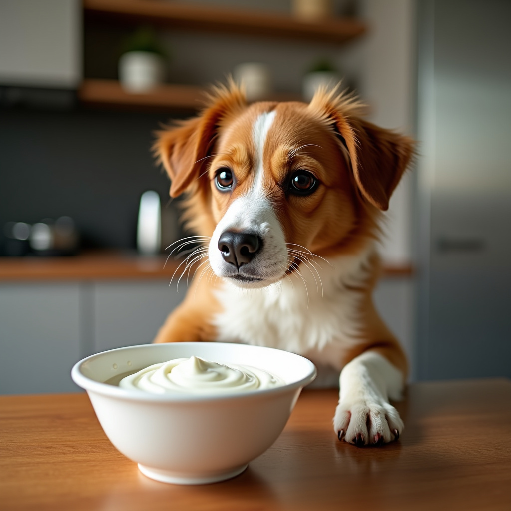 Dog refusing full-fat yogurt, looking disgusted, owner offering, bright daylight, professional Cachorro recusando iogurte integral, mostrando expressão de desgosto.