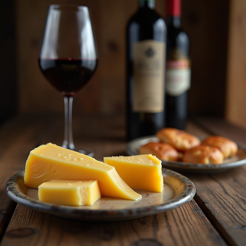 Dutch Gouda cheese and Merlot pairing, rustic setting, lifestyle photography, 8K quality, sharp Queijo gouda harmonizado com vinho Merlot.