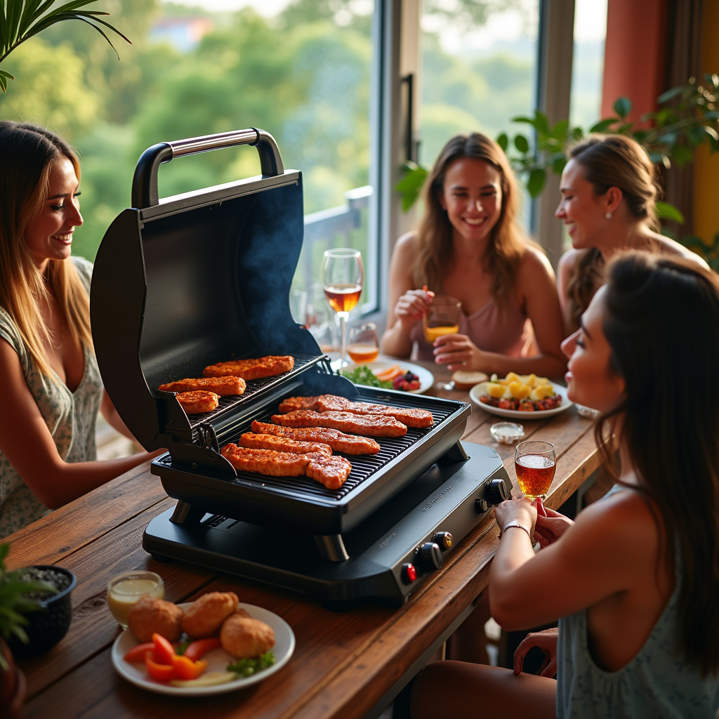 Electric grill on a vibrant apartment balcony, diverse group of friends enjoying a smoke-free Churrasco sem fumaça em apartamento com churrasqueira elétrica e amigos.
