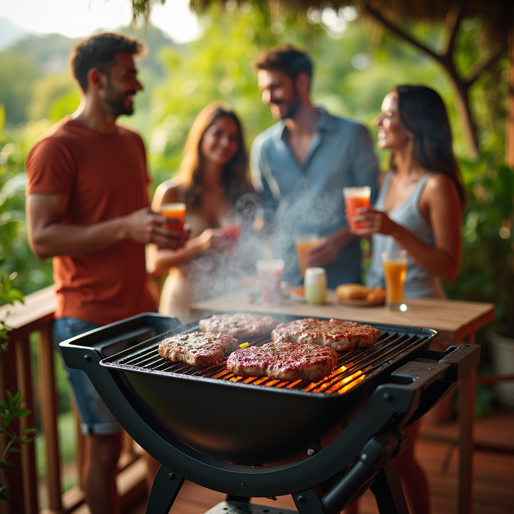 Electric grill on a vibrant Brazilian balcony, picanha sizzling, natural light, friends laughing, Churrasqueira elétrica moderna em varanda gourmet brasileira.