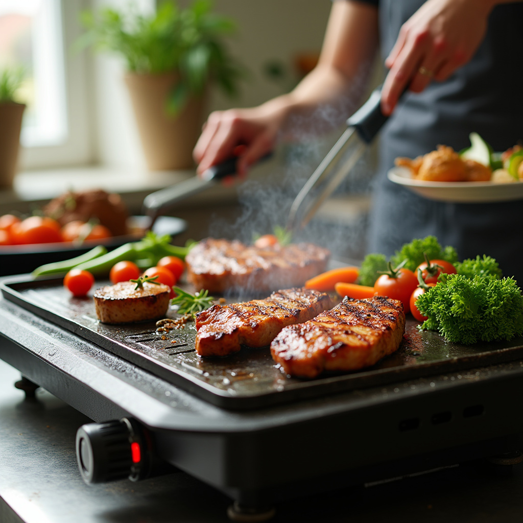 Electric grill with both griddle and grill, vegetables and meat cooking, natural light, 8K, Churrasqueira elétrica com grelha e chapa para diferentes preparos.