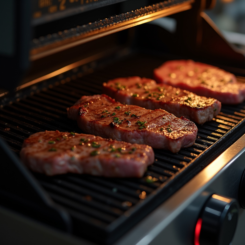 Electric grill with digital thermostat, steak cooking, close-up, precise temperature, 8K, Churrasqueira elétrica com termostato digital para controle de temperatura.