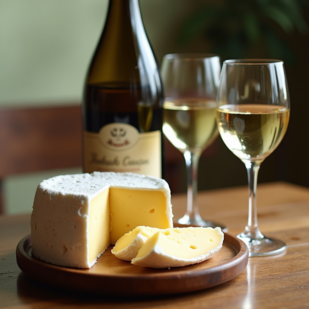 Elegant cheese and wine pairing, brie and chardonnay, natural light, lifestyle photography, 8K Harmonização de queijo brie com vinho Chardonnay.
