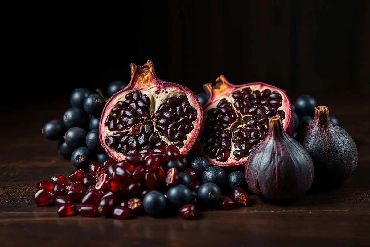Romã, uvas e figos em composição elegante. Abundância, fertilidade e sabedoria.
