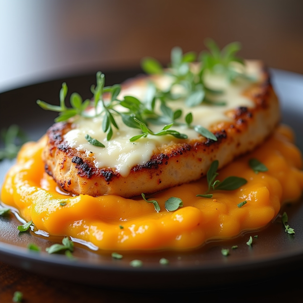 Escondidinho de frango desfiado with sweet potato puree, light cheese gratin, professional Escondidinho fit de frango desfiado com purê de batata doce.