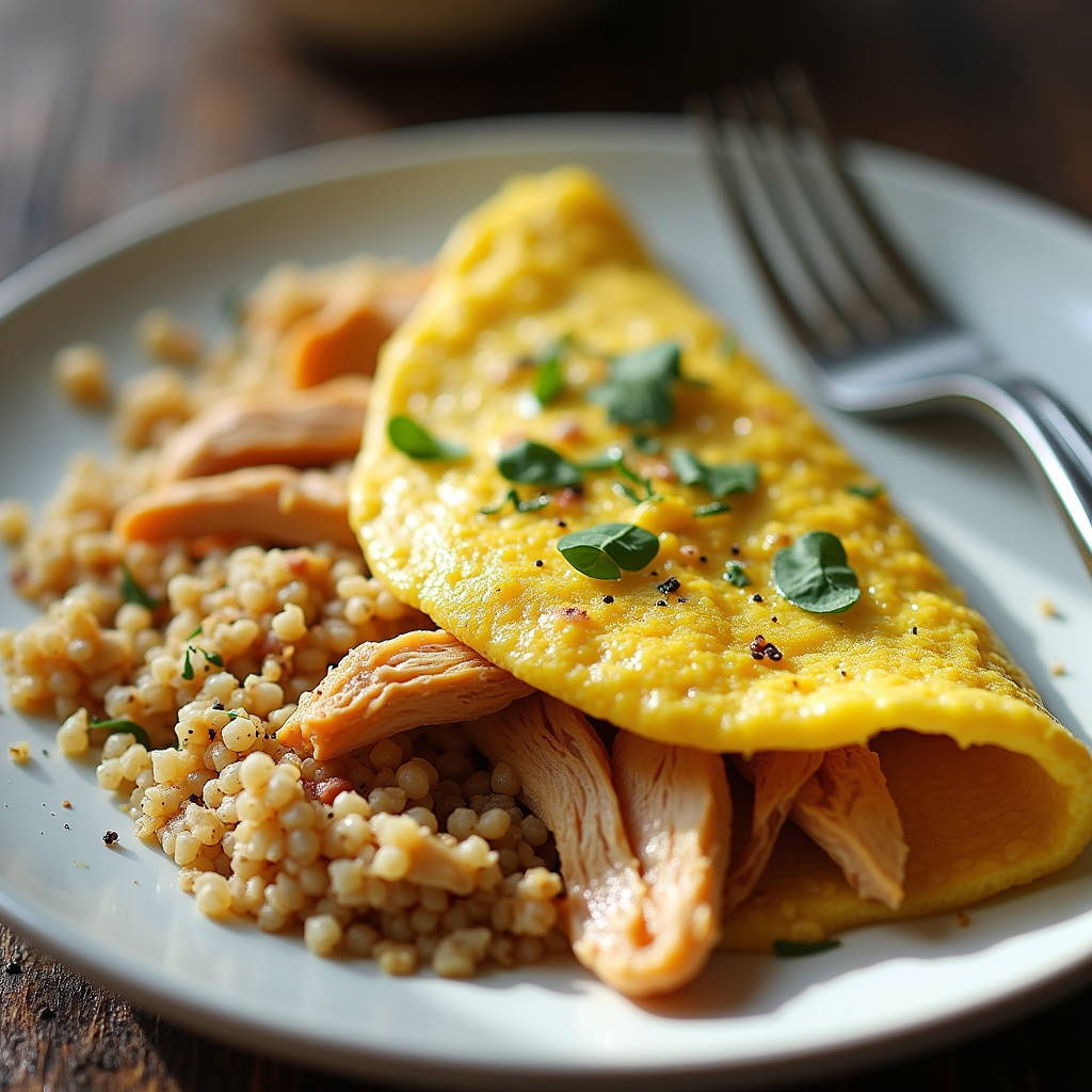 Fit omelette with shredded chicken and quinoa on a plate, post-workout meal, natural light, 8K, Omelete fit com frango e quinoa.