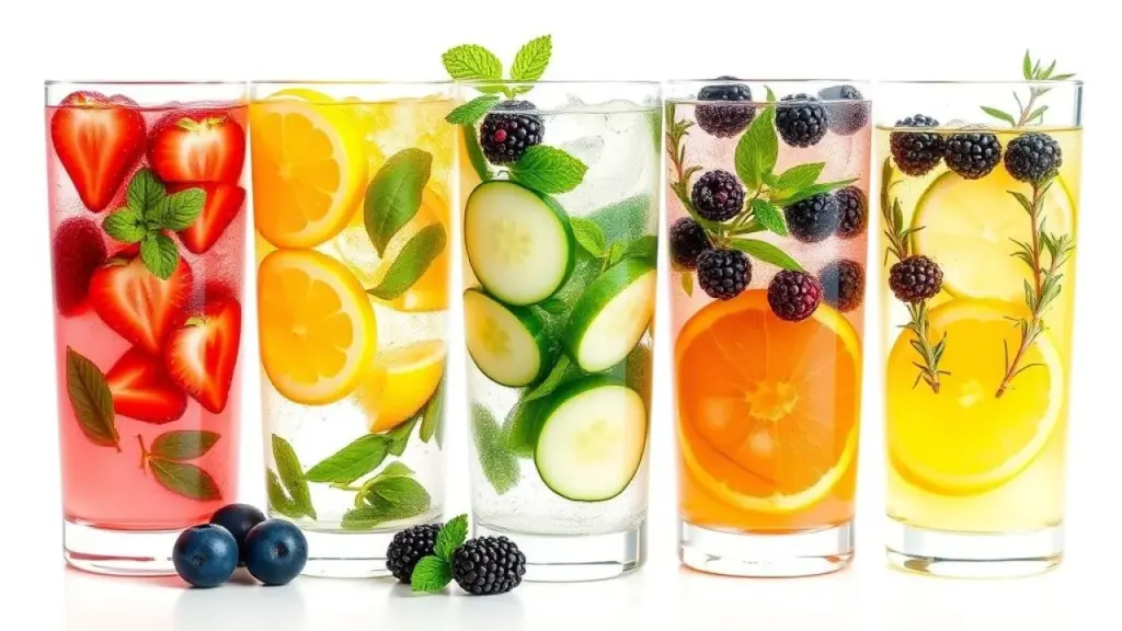 Cinco copos de água saborizada com frutas e ervas diferentes.