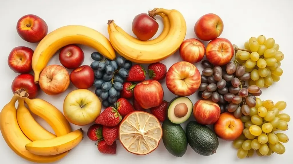 Flat lay of various fruits (bananas, apples, strawberries, grapes, avocados) in different storage Diversas frutas armazenadas corretamente: bananas, maçãs, morangos, uvas e abacates.
