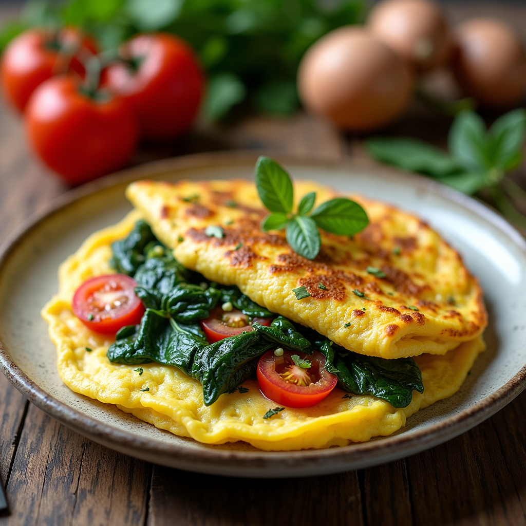 Fluffy omelette with spinach, tomatoes, and herbs on a wooden table, natural light, 8K quality, Omelete fofinho com espinafre e tomate.