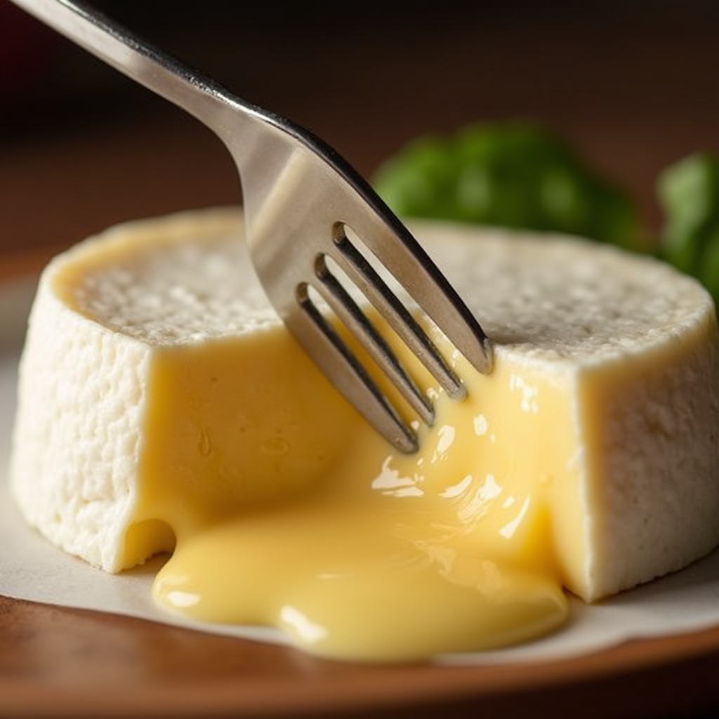 Fork piercing perfectly melted camembert cheese, creamy texture, 8K, sharp focus, professional Garfo testando a consistência do queijo camembert.