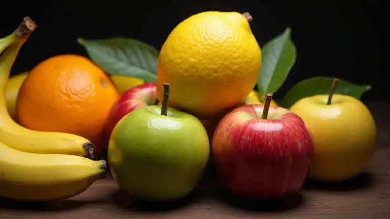Close de frutas com nomes em português e inglês.
