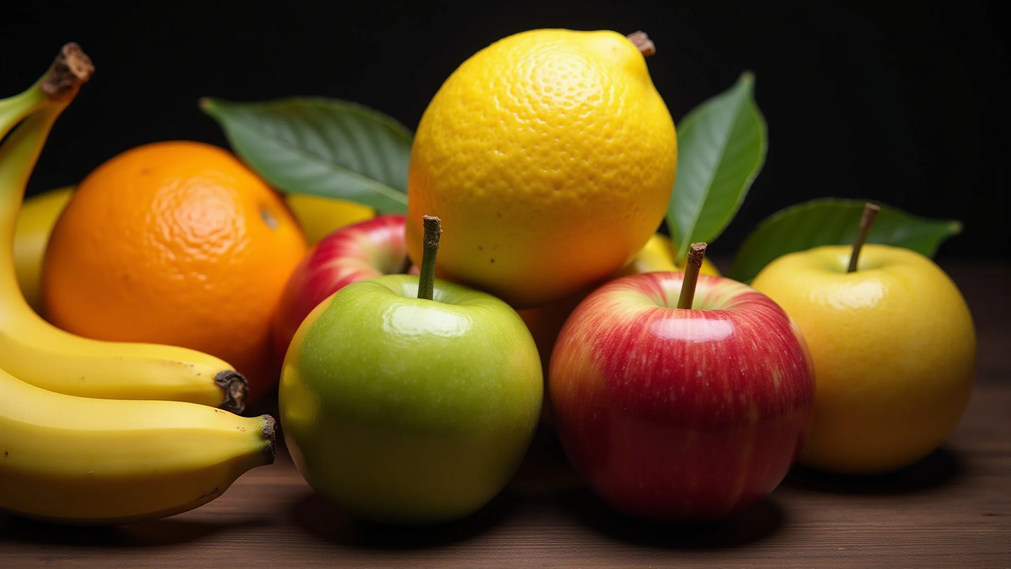 Close de frutas com nomes em português e inglês.