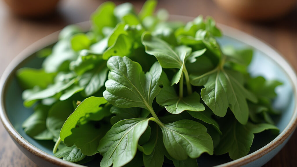 Fresh arugula leaves in a salad, peppery flavor, natural lighting, professional photography, 8K Rúcula fresca, um toque picante para proteger o coração.
