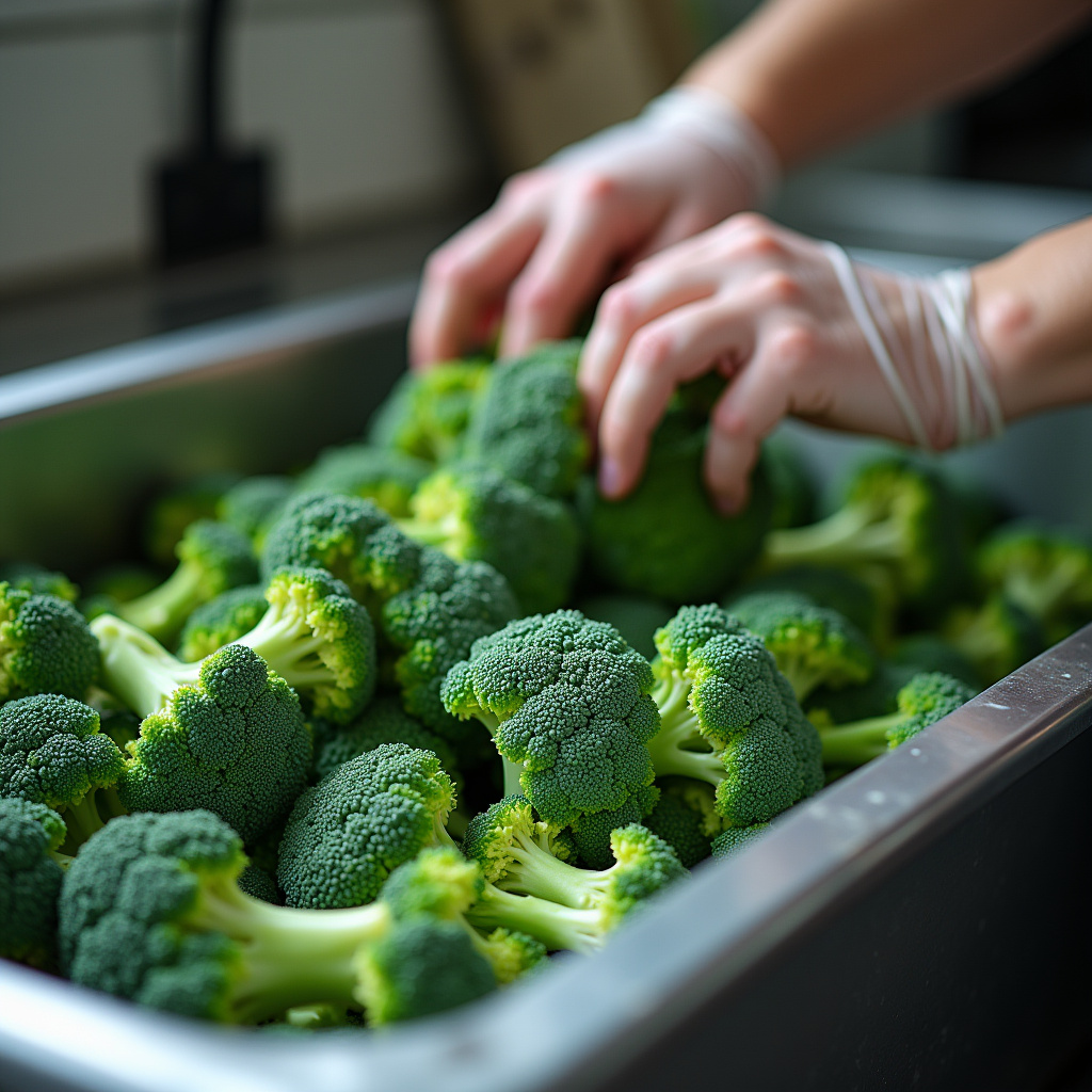 Fresh broccoli being prepared for freezing, blanching process. Professional photography, 8K Brócolis fresco sendo preparado para congelamento.