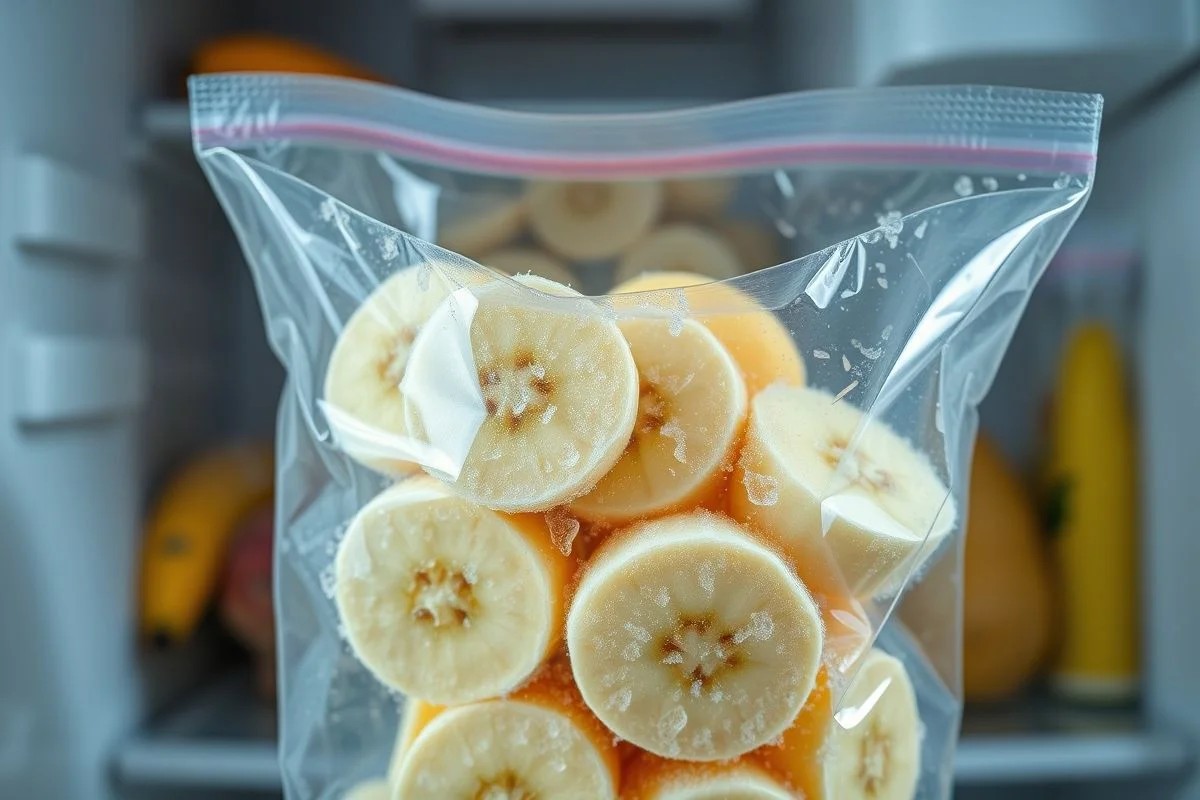 Bananas fatiadas congeladas em saco plástico. Ideal para smoothies e receitas.