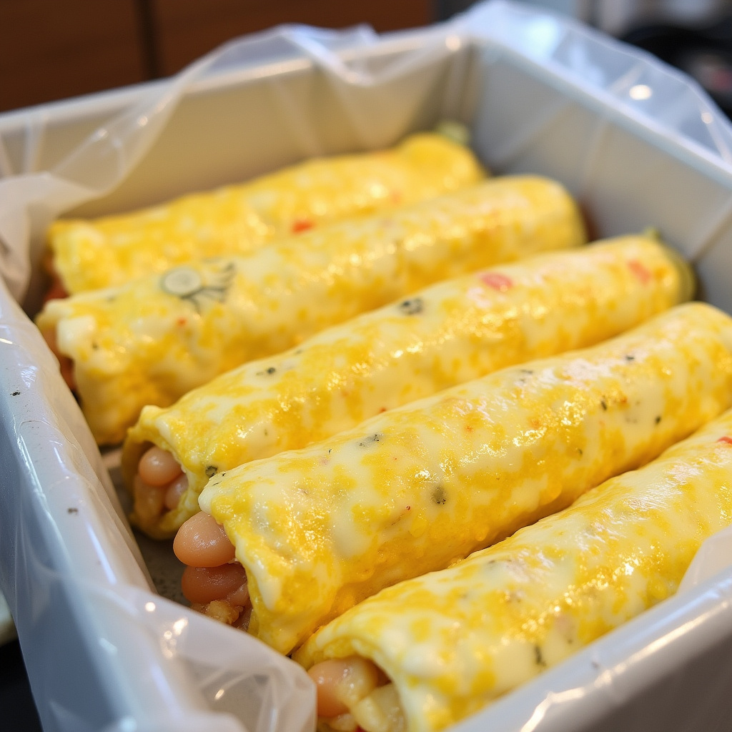 Frozen omelettes individually wrapped in plastic wrap, ready to be stored, freezer meal prep, 8K, Omeletes congelados individualmente.