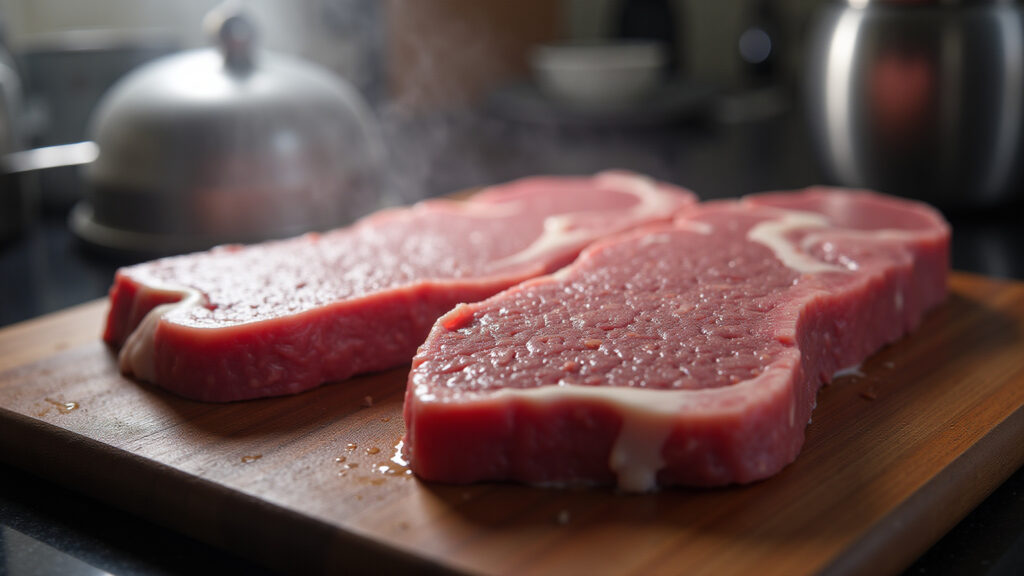 Frozen picanha being thawed in refrigerator, professional photography, 8K quality, sharp focus, Descongelando picanha na geladeira.