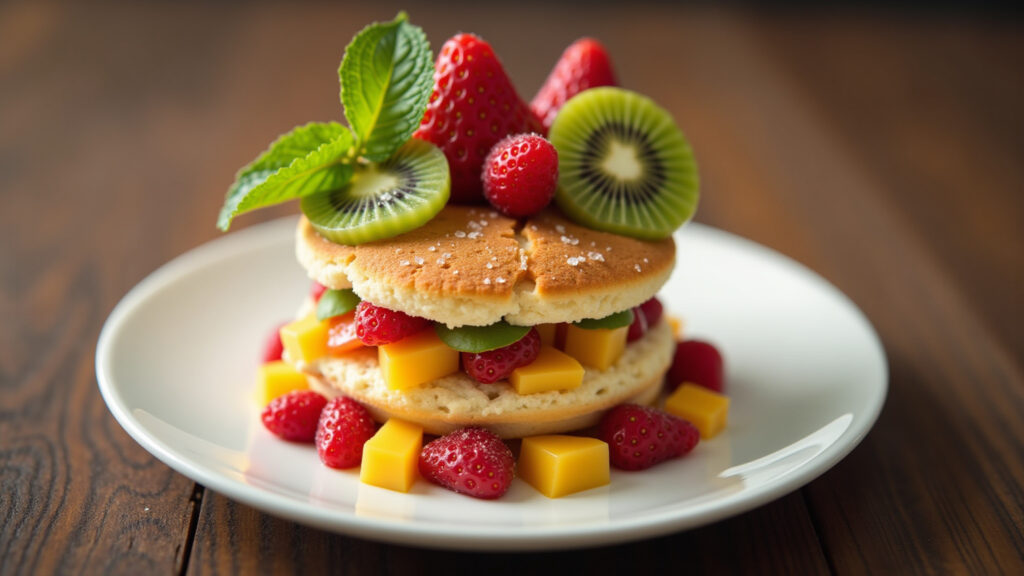 Fruit pavé with champagne biscuits, strawberries, kiwi, peaches, elegant presentation, 8K quality, Pavê de frutas com biscoito champanhe.